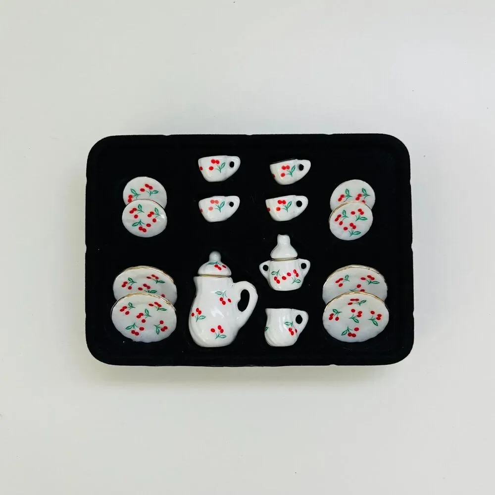 15 Piece Dollhouse Minature Ceramic Red Cherry Tea Set in 1:12 Scale